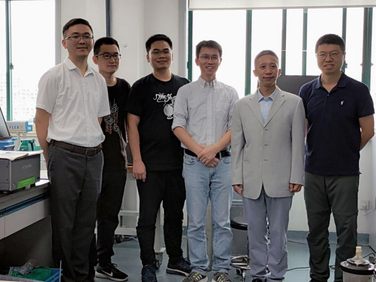 合影留念  （左三常运化教授，左四黄成所长，右二刘学军教授，右一王胤博士）