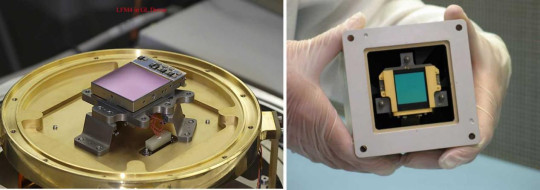 图7. (左)韦布望远镜近红外相机 (NIRCam) 的碲镉汞探测器阵列，(右)MIRI 的红外探测器(绿色)安装在一个被称为焦平面?？榈目樽唇峁怪?，这是一块1024x1024 像素的砷掺杂硅像素阵列(100万像素)。图源：NASA。